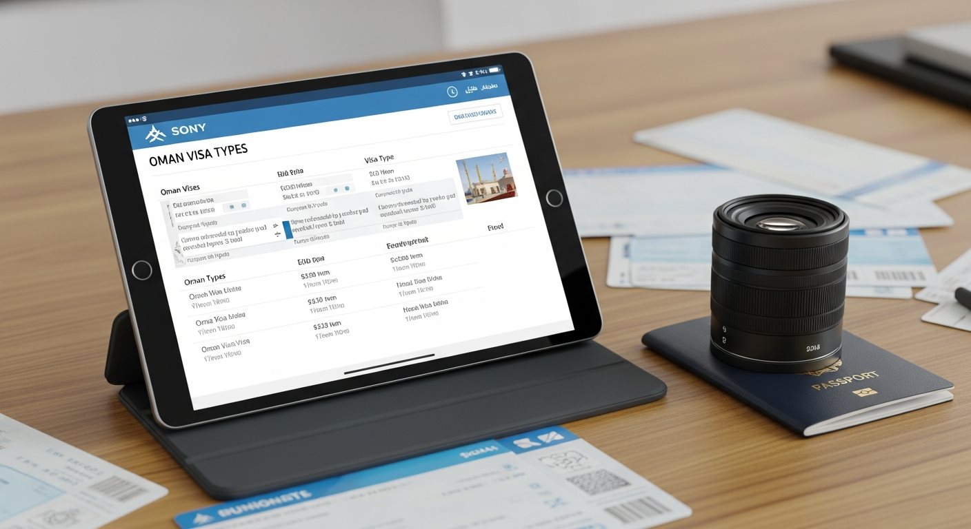 Different types of Oman eVisas displayed on tablet with passport