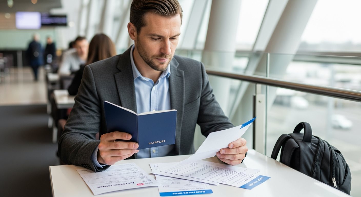 Transit passenger reviewing travel documents